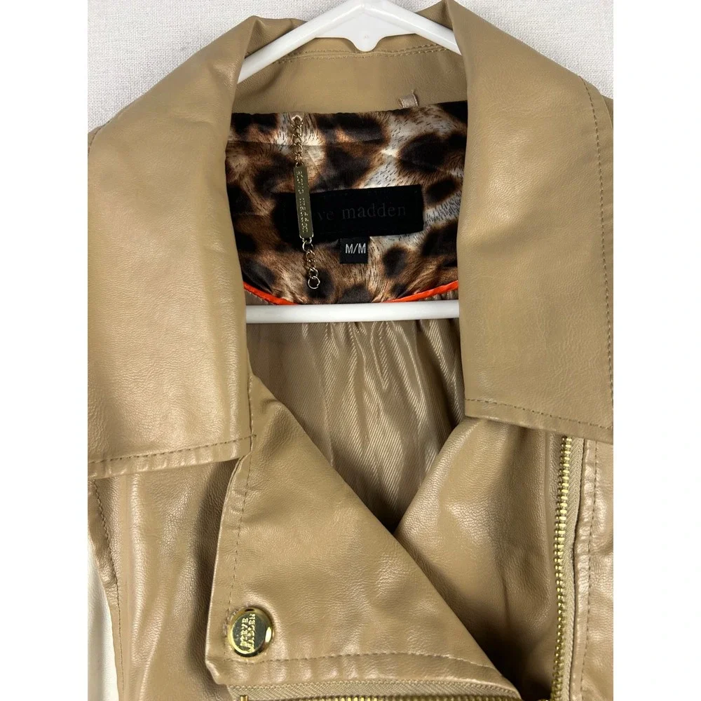 Steve Madden Tan Cream Colorblock Faux Leather Moto Jacket Gold Hardware Medium